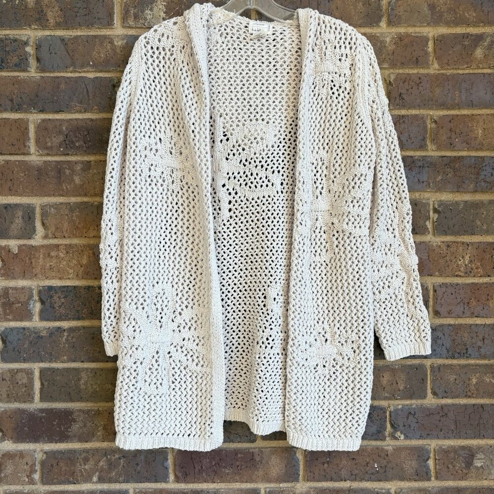 Artelier Nicole Miller open knit hooded cardigan. Flowers Floral Cream Beige XS